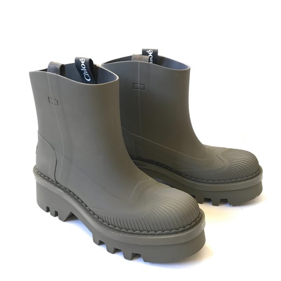 NWOB Chloe Raina Rain Boots Booties Womens 41 Grape Leaf Green Rubber Chunky NEW - Picture 5 of 15
